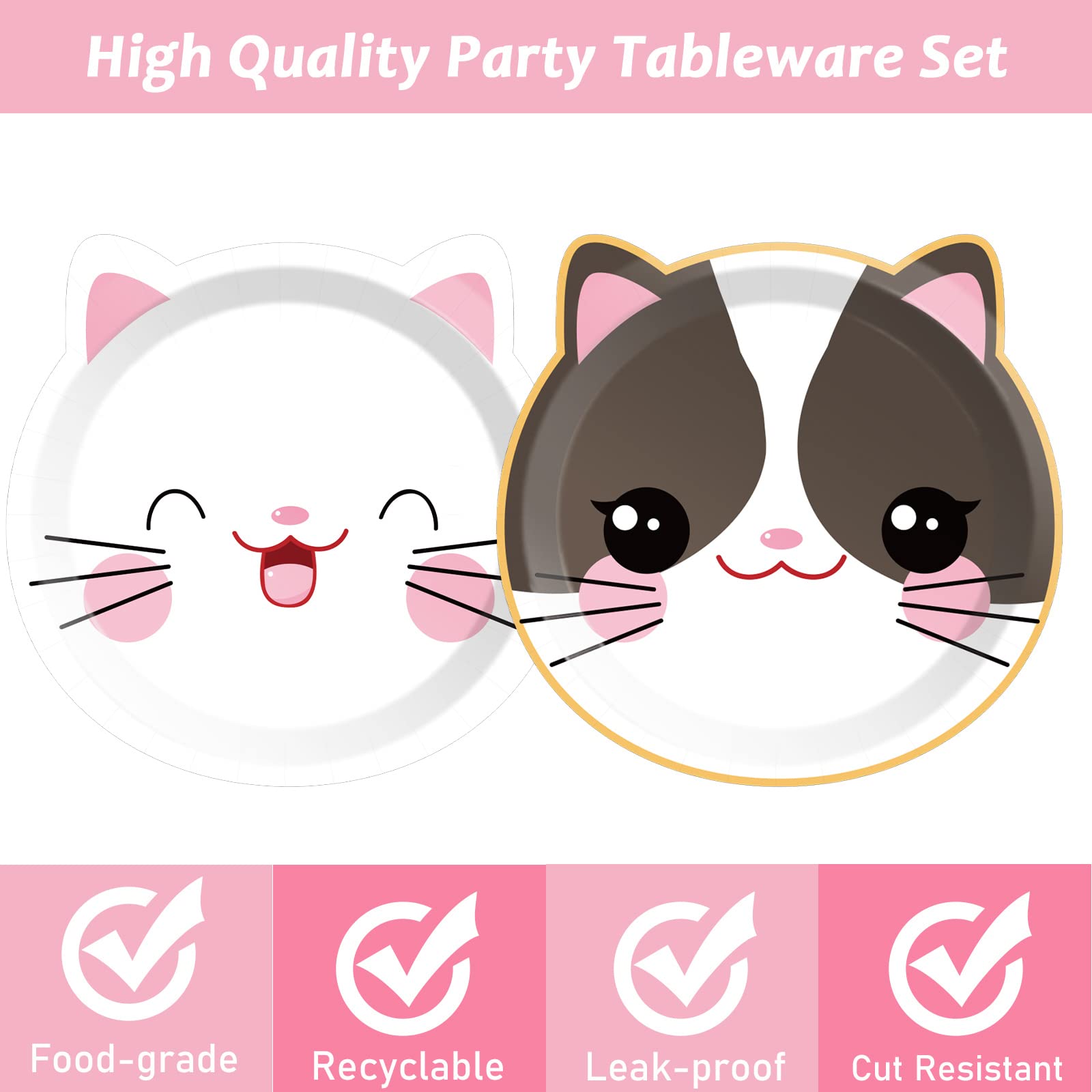 96 Pieces Cat Party Supplies Cute Kitten Theme Party Tableware Set Party Decorations Kitty Disposable Dinnerware Plates Napkins Forks for Cat Theme Birthday Baby Shower Party Favors 24 Guests