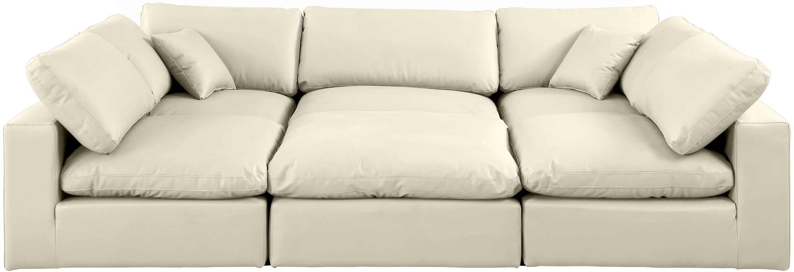 Meridian Furniture 188Cream-Sec6C Comfy Collection Modern | Contemporary Upholstered Modular Sectional, Soft Cream Vegan Leather, Fiber-Filled, 119" W x 79" D x 34.5" H, Cream