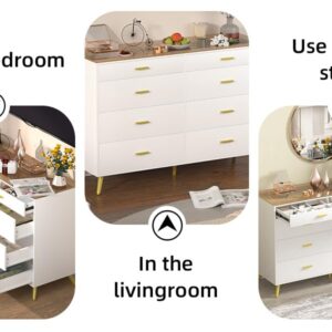 PAKASEPT White Dresser with LED Lights for Bedroom,8 Drawer Dressers with Tempered Glass Top,Chests of Drawers with 2 Grid Drawer,Storage Organizer Dresser for Hallway,Living Room