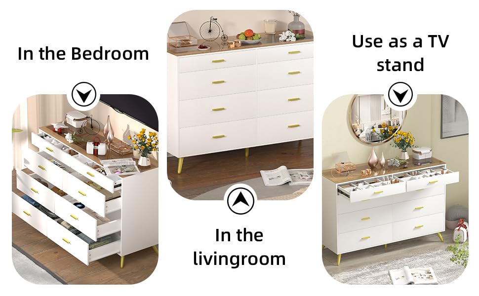 PAKASEPT White Dresser with LED Lights for Bedroom,8 Drawer Dressers with Tempered Glass Top,Chests of Drawers with 2 Grid Drawer,Storage Organizer Dresser for Hallway,Living Room