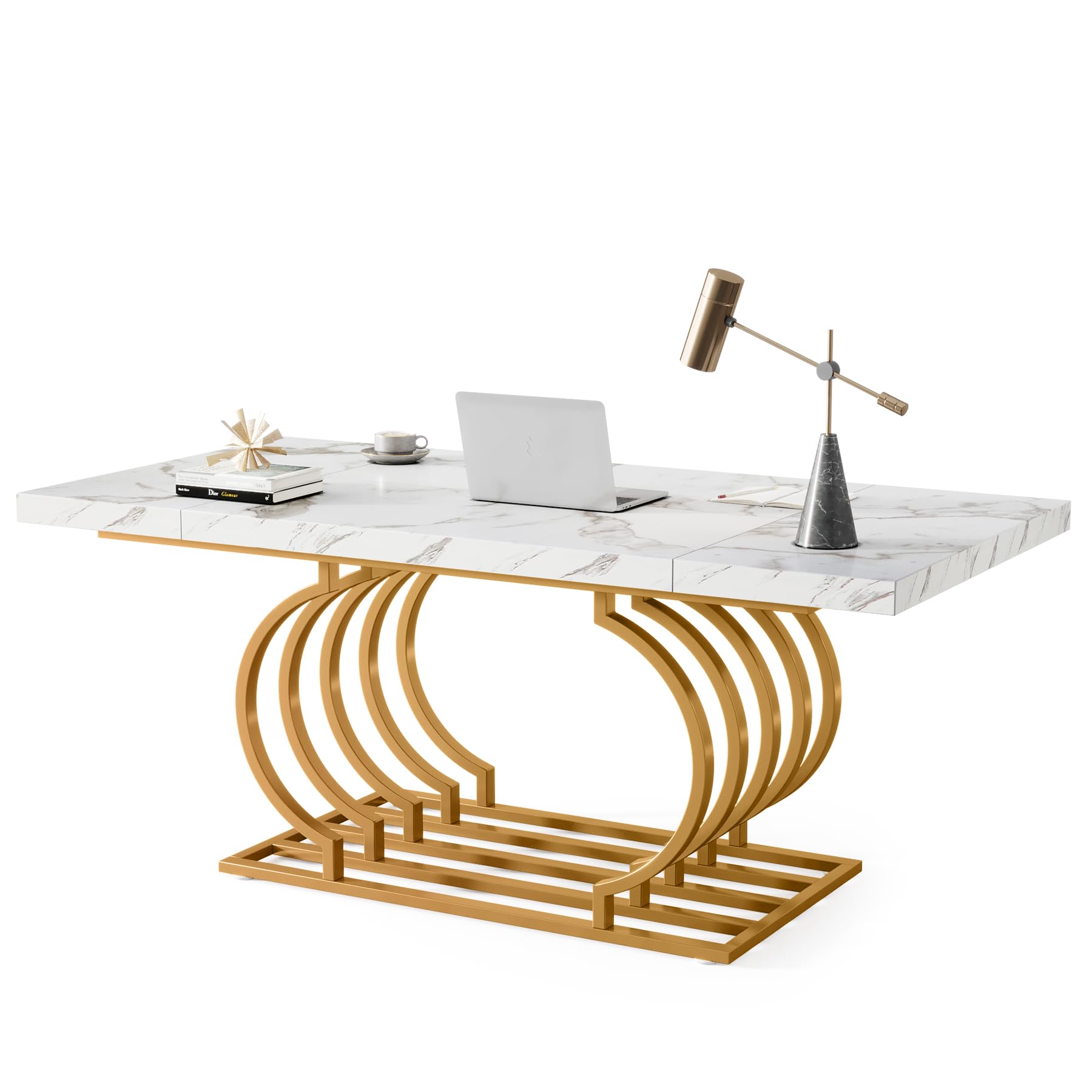 Tribesigns 63" Modern Office Desk, White and Gold Executive Desk, Large Computer Desk Home Office Desk with Gold Metal Frame, Wood Workstation Study Writing Desk