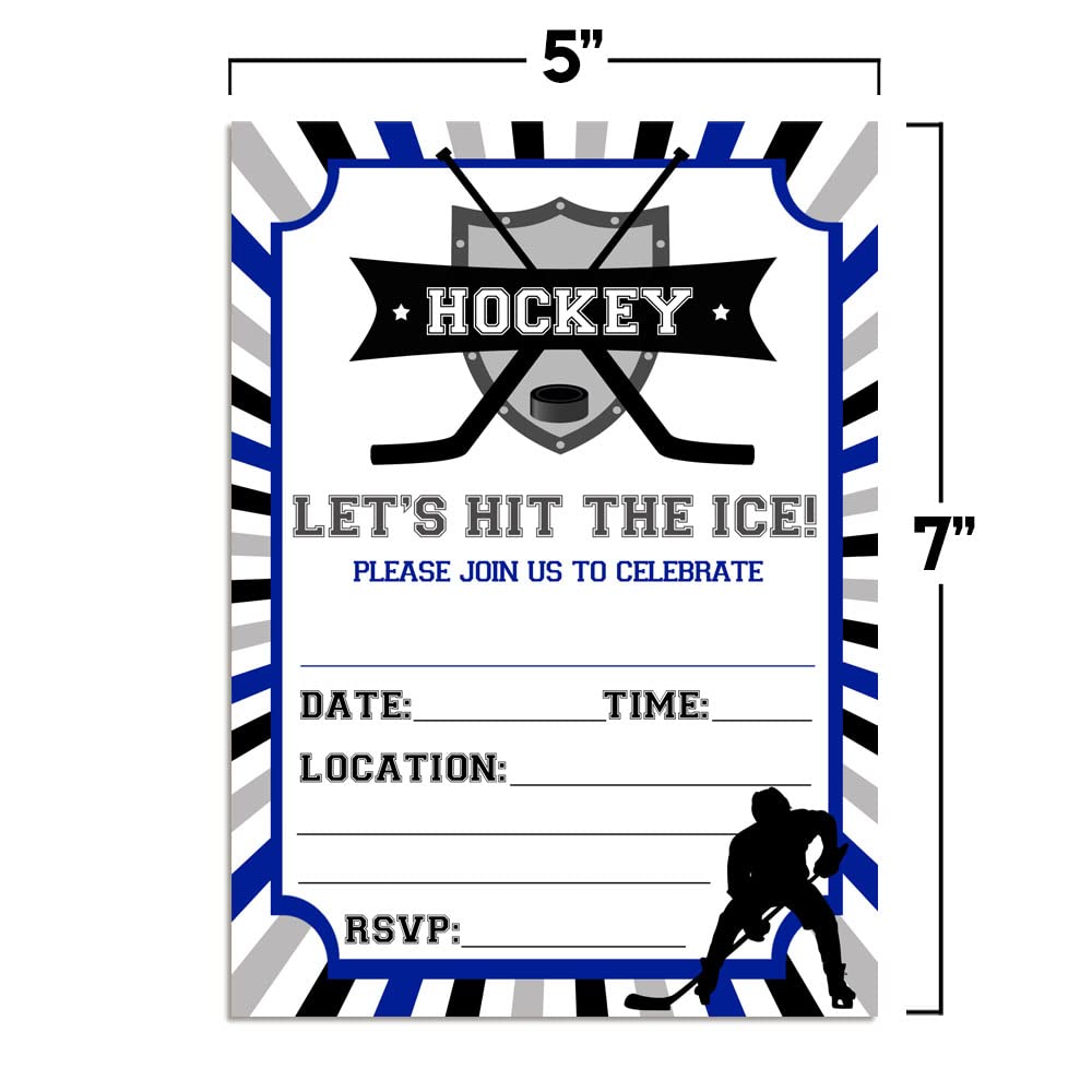 Amanda Creation Blue & Gray Hockey Birthday Party Invitations, 20 5x7 Fill-In Cards with Twenty White Envelopes