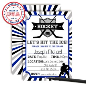 Amanda Creation Blue & Gray Hockey Birthday Party Invitations, 20 5x7 Fill-In Cards with Twenty White Envelopes