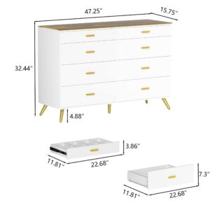 PAKASEPT White Dresser with LED Lights for Bedroom,8 Drawer Dressers with Tempered Glass Top,Chests of Drawers with 2 Grid Drawer,Storage Organizer Dresser for Hallway,Living Room