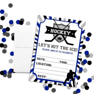 Amanda Creation Blue & Gray Hockey Birthday Party Invitations, 20 5x7 Fill-In Cards with Twenty White Envelopes