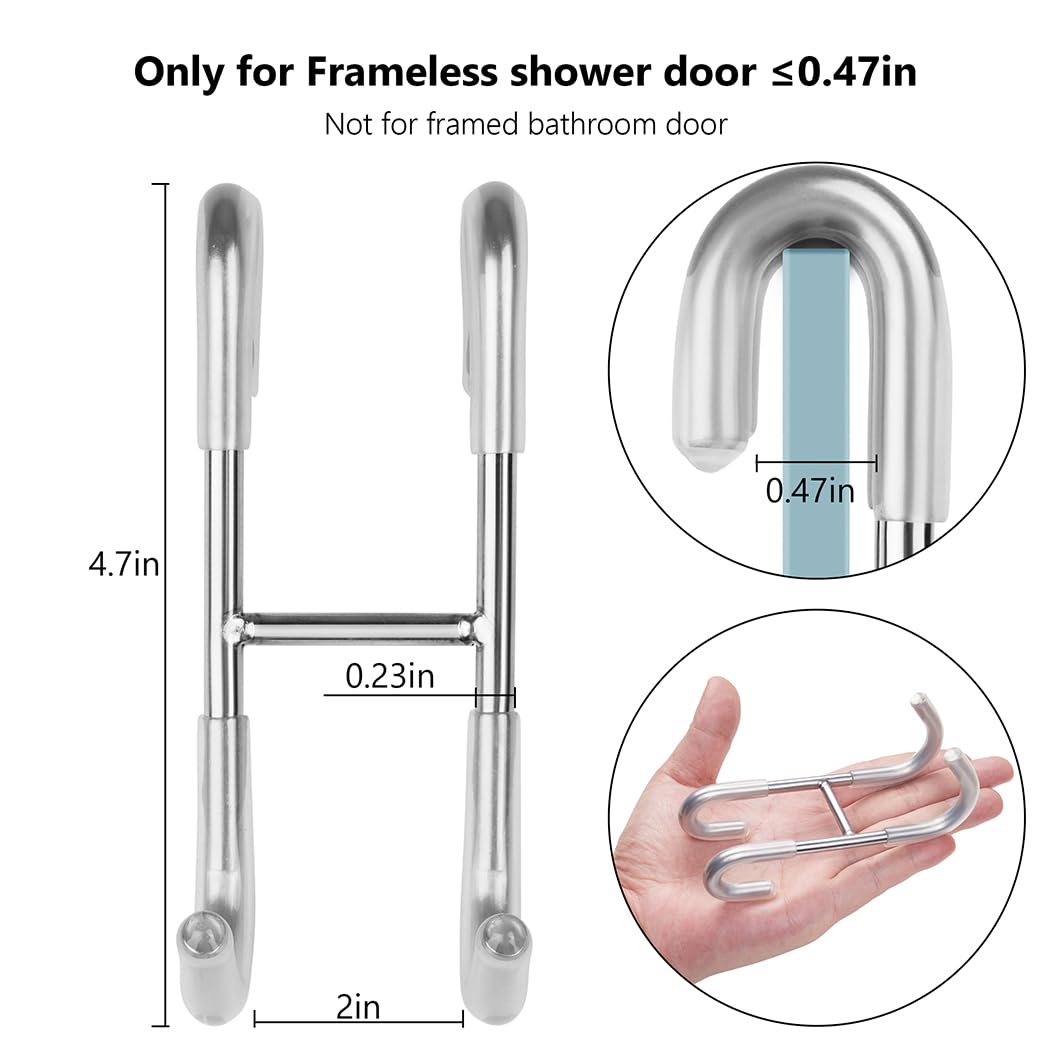 NINETREX Shower Door Hooks,Towel Hooks for Bathrooms Frameless Glass Door,Heavy Duty SUS 304 Stainless Steel Hook for Towels,Squeegee,Loofah,Shaver,Robe,2 Pack,Silver