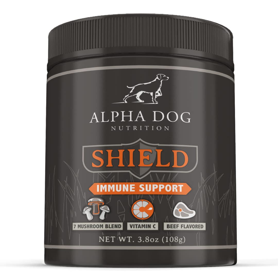 Shield Allergy Immune Support Supplement for Dogs by Alpha Dog Nutrition - 7 Nutritional Mushroom Powder Complex + Vitamin C to Boost Immunity - Up to 120 Servings for Small Breed Dogs, 108g