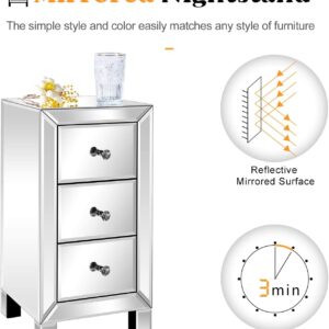 Bonnlo 3-Drawer Mirrored Nightstand Set of 2, End Table, Bedside Table, Glass Nightstand for Bedroom, Living Room, Silver, 11.7" L x 11.8" W x 23.8" H