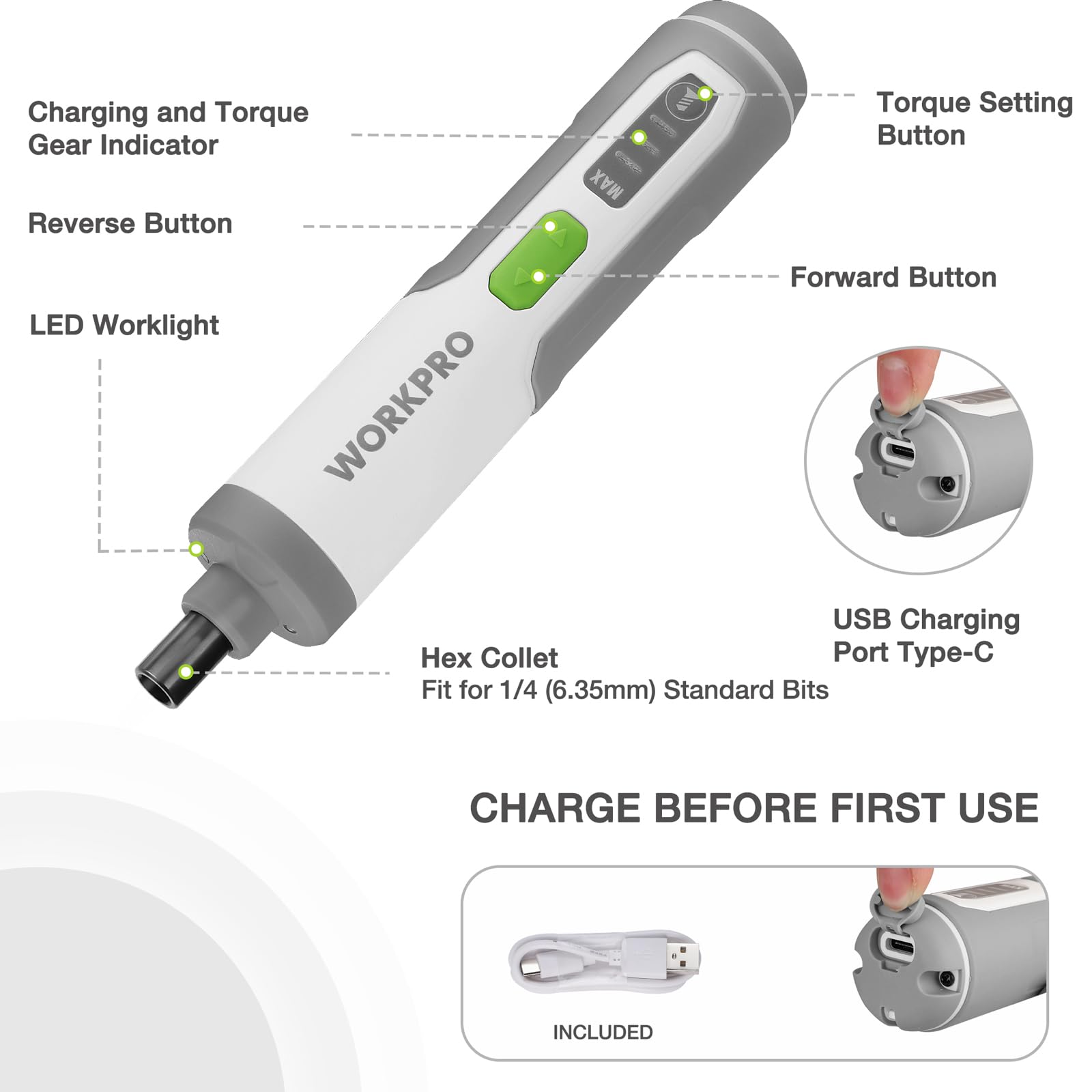 WORKPRO 4V Electric Screwdriver, Rechargeable Cordless Screwdriver Set with 35 Bits, Extension Rod, USB Charging Cable in Carrying Case, LED Light, Black Gray