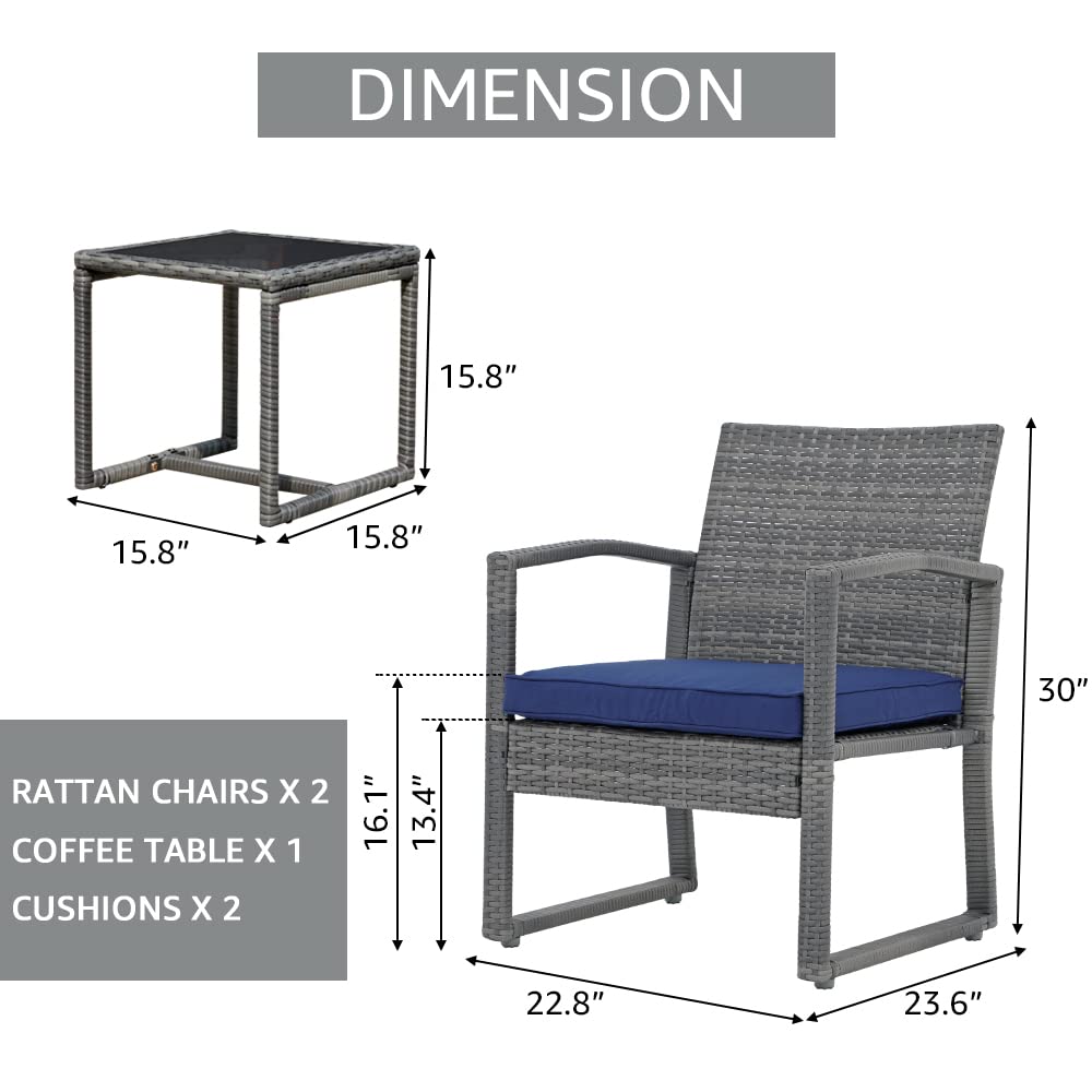 Patiorama 3 Pieces Outdoor Patio Furniture Set, Outdoor Wicker Conversation Set, Patio Rattan Chair Set, Modern Bistro Set with Coffee Table, Garden Balcony Backyard Poolside (Navy Blue)