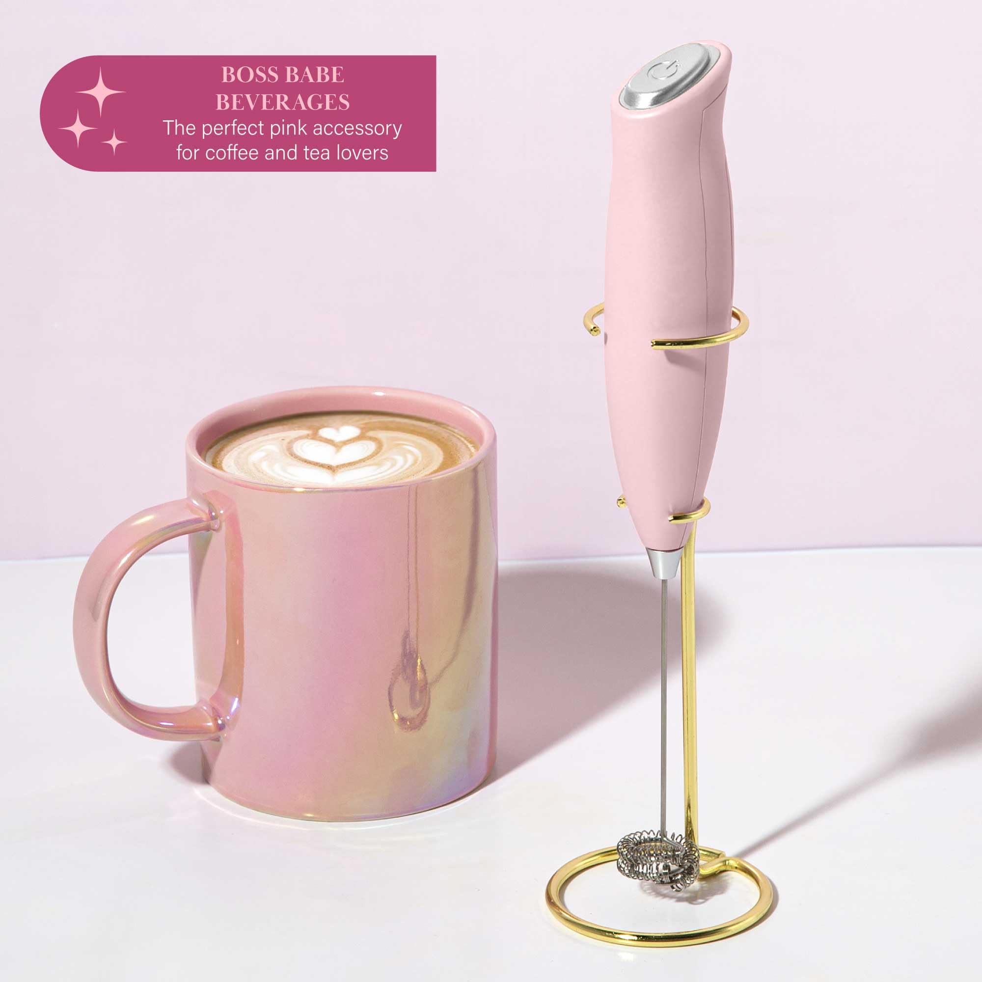 Paris Hilton Electric Handheld Milk Frother with Double Coil Head Whisk and Gold Metal Stand, Battery Powered (2 AA Batteries Required but Not Included), Pink Sparkle Finish