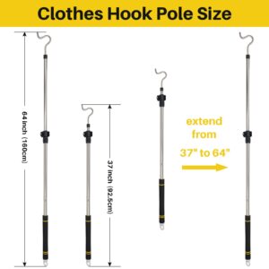 Frebuta Clothes Hook Pole, 36" to 65" Long Pole with Hook with Sponge Long Handle Telescoping Pole Stainless Steel Tube S Hook Closet for Reaching Extending Rod Lightweight Hang High Area Top