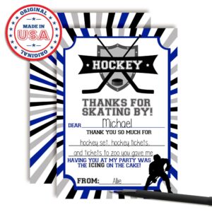 Blue & Gray Hockey Birthday Party Thank You Notes, Ten 4" x 5.5" Fill-In The Blank Cards with 10 White Envelopes by AmandaCreation