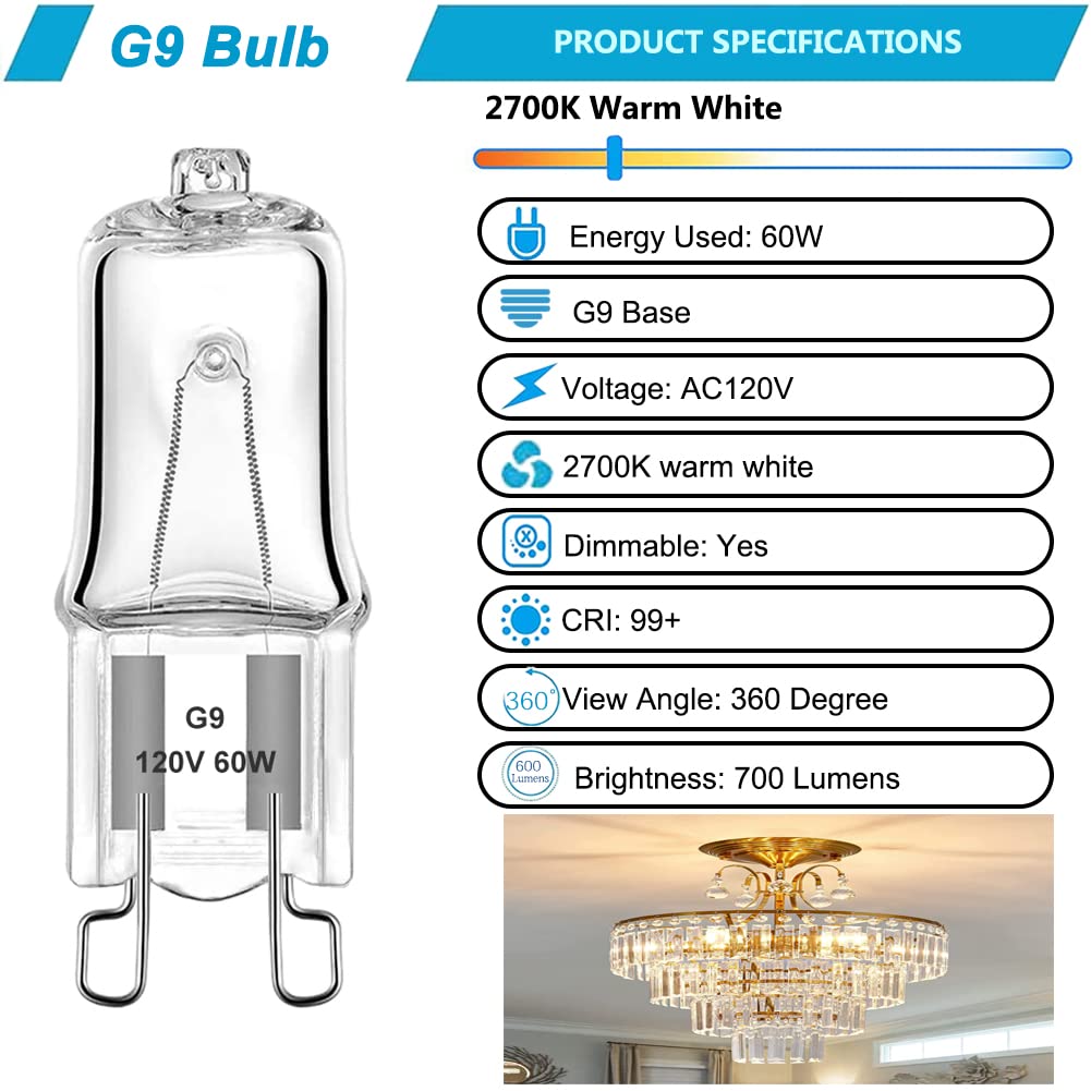 XBOCMY 10 Pack G9 120 Volt 60 Watt Bi-Pin Halogen Bulbs,Replacement T4 JCD Type Dimmable Bulbs for Ceiling Lights,Table Light,Cabinet Lights,Warm White Brightness