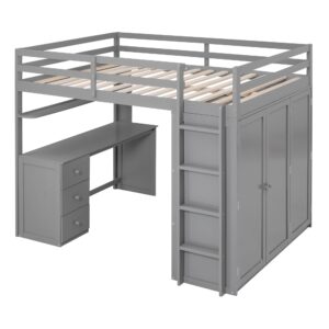 Harper & Bright Designs Full Size Loft Bed with Desk and Wardrobe, Wooden Full Loft Bed with Storage Drawers for Girls Boys Teens,No Box Spring Needed,Grey