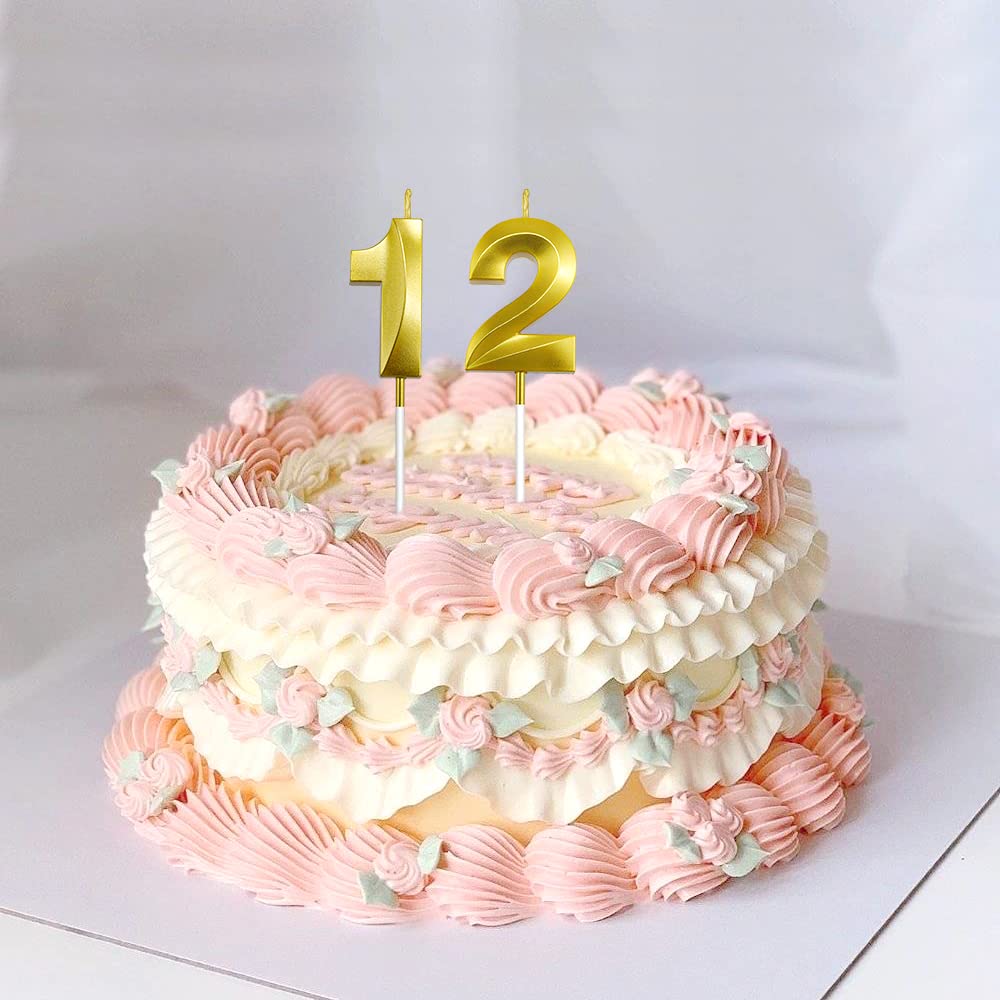 12 Candle Birthday Number Candles 12 Birthday Candles Number 12 or 21 Candle Champagne Gold 3D Design Numeral Candle for 12th 21th Birthday Anniversary Wedding Party Celebration Cake Decorations