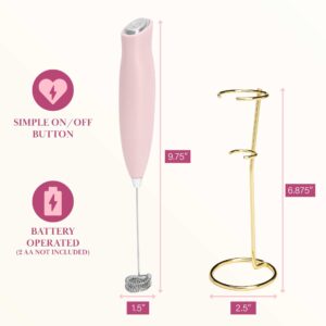 Paris Hilton Electric Handheld Milk Frother with Double Coil Head Whisk and Gold Metal Stand, Battery Powered (2 AA Batteries Required but Not Included), Pink Sparkle Finish