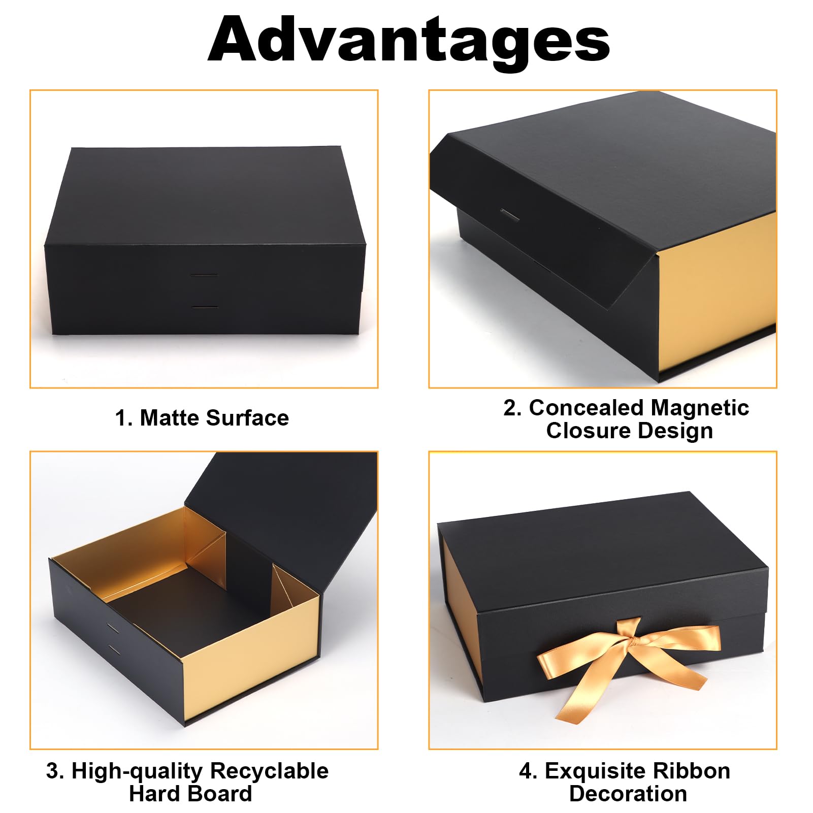 Ditwis 4 Pack 12x9x4 Inches Gift Boxes with Magnetic Closure Lids, Black-Gold Magnetic Box with Ribbon for Wedding, Groomsmen Bridesmaid Proposal, Birthdays, Mother's Day