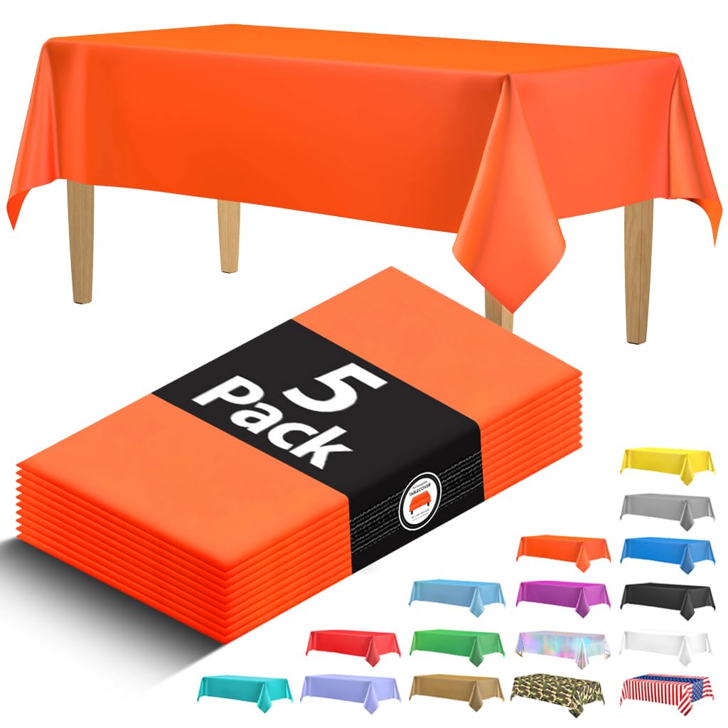 5 Pack Premium Orange Plastic Tablecloth - 108 x 54 in. Disposable Rectangle Plastic Table Cloth - Decorative Rectangle Table Cover Smooth Tablecloth - Disposable Table Cloths For Parties, Weddings.