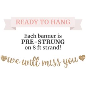 Pre-Strung We Will Miss You Banner - NO DIY - Gold Glitter Going Away, Retirement Banner in Script - Pre-Strung on 8 ft Strand - Farewell Graduation Party Decorations for Men & Women. Did we mention