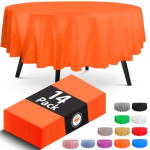 14 pack premium round orange plastic tablecloth - 84 x 84 in. disposable round plastic table cloth - decorative round table cover smooth table cover - disposable table cloths for parties, weddings