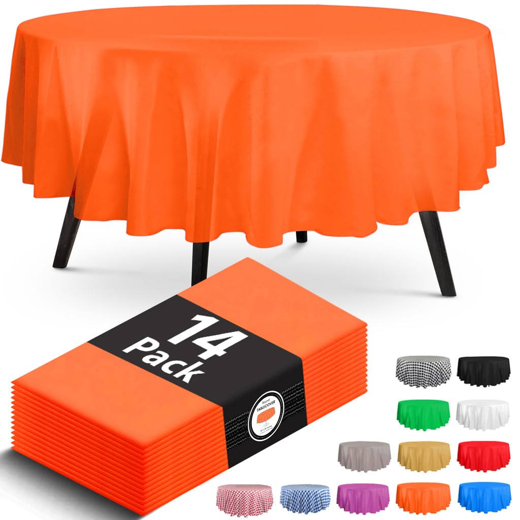 14 Pack Premium Round Orange Plastic Tablecloth - 84 x 84 in. Disposable Round Plastic Table Cloth - Decorative Round Table Cover Smooth Table Cover - Disposable Table Cloths For Parties, Weddings