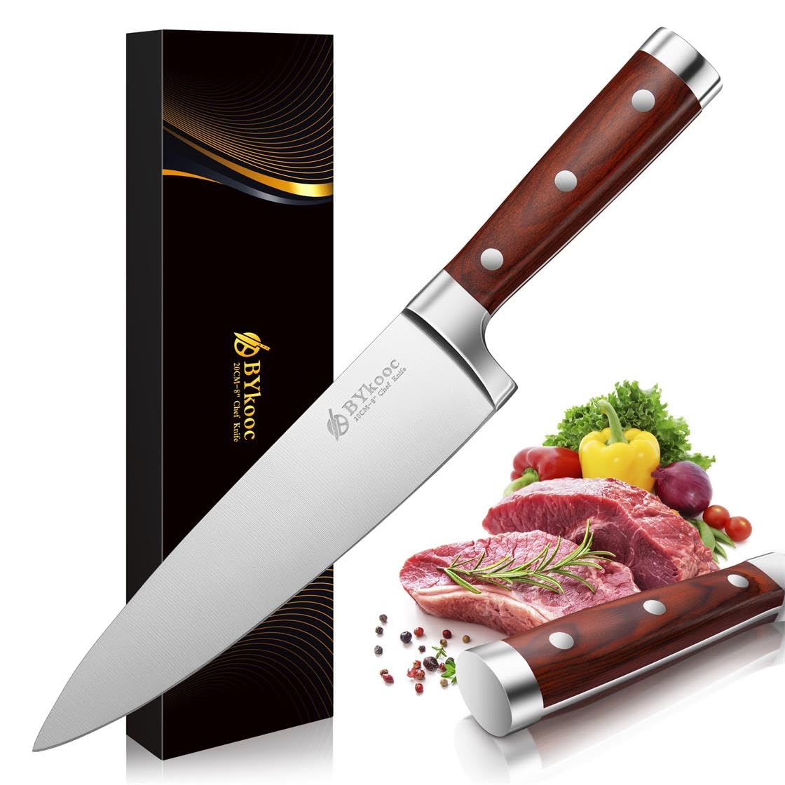 BYkooc Chef Knife - 8 Inch Pro Kitchen Chef Knife High Carbon Stainless Steel Sharp Chef's Knife with Ergonomic Handle and Gift Box - Chef's Knives for Family & Restaurant Use