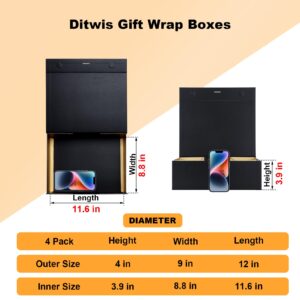 Ditwis 4 Pack 12x9x4 Inches Gift Boxes with Magnetic Closure Lids, Black-Gold Magnetic Box with Ribbon for Wedding, Groomsmen Bridesmaid Proposal, Birthdays, Mother's Day