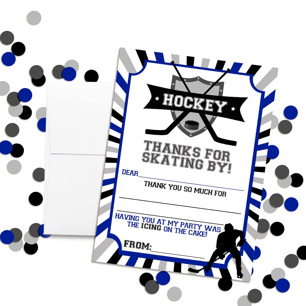 Blue & Gray Hockey Birthday Party Thank You Notes, Ten 4" x 5.5" Fill-In The Blank Cards with 10 White Envelopes by AmandaCreation