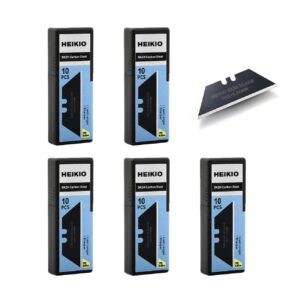 heikio utility knife blades, pack of 50 standard replacement blades for heavy duty utility knives and box cutters, made of black carbon steel, thicker and sharper than normal silver blades