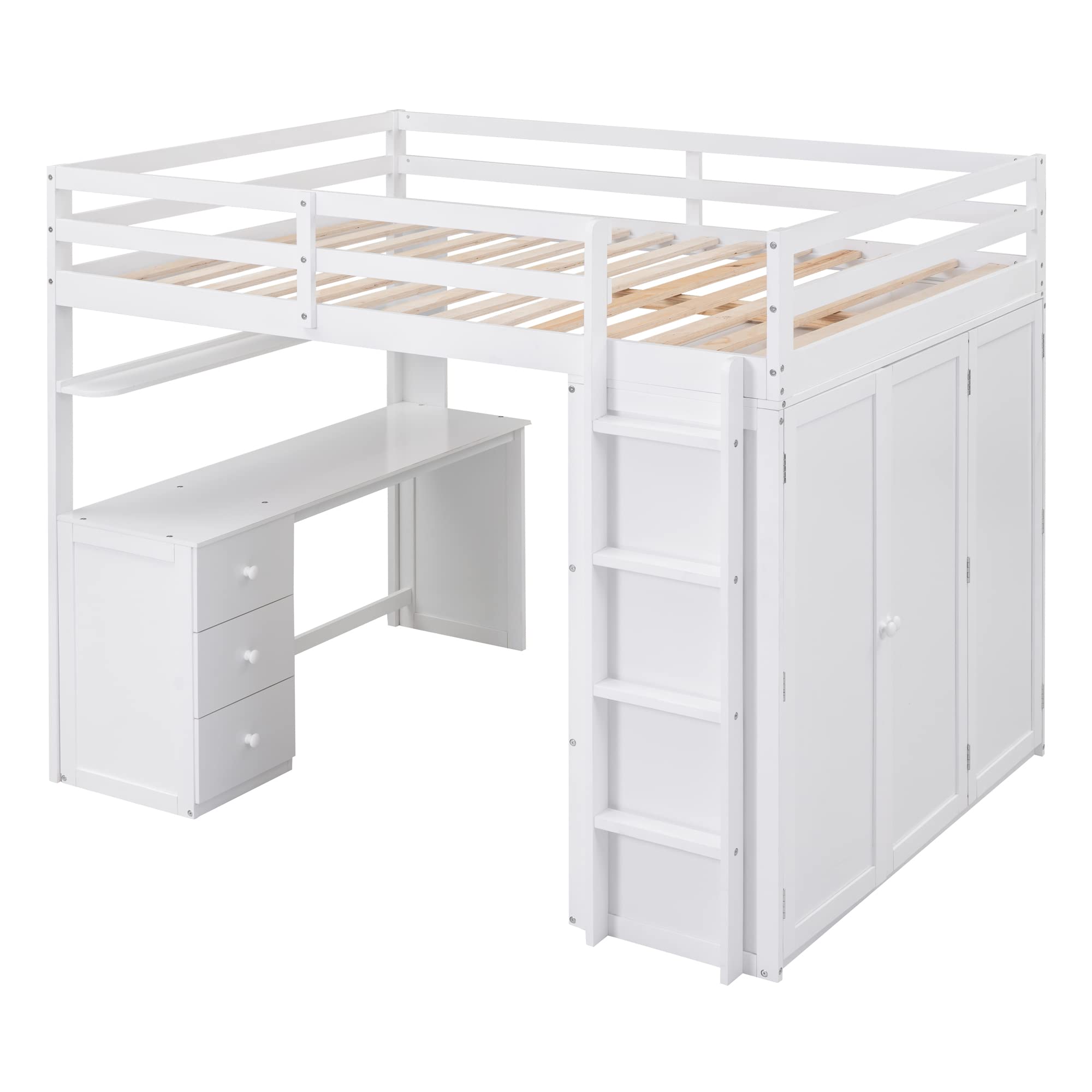 Harper & Bright Designs Full Size Loft Bed with Desk and Wardrobe, Solid Wood Loft Bed Frame with Storage Drawers, for Kids Teens Adults (Full, White)