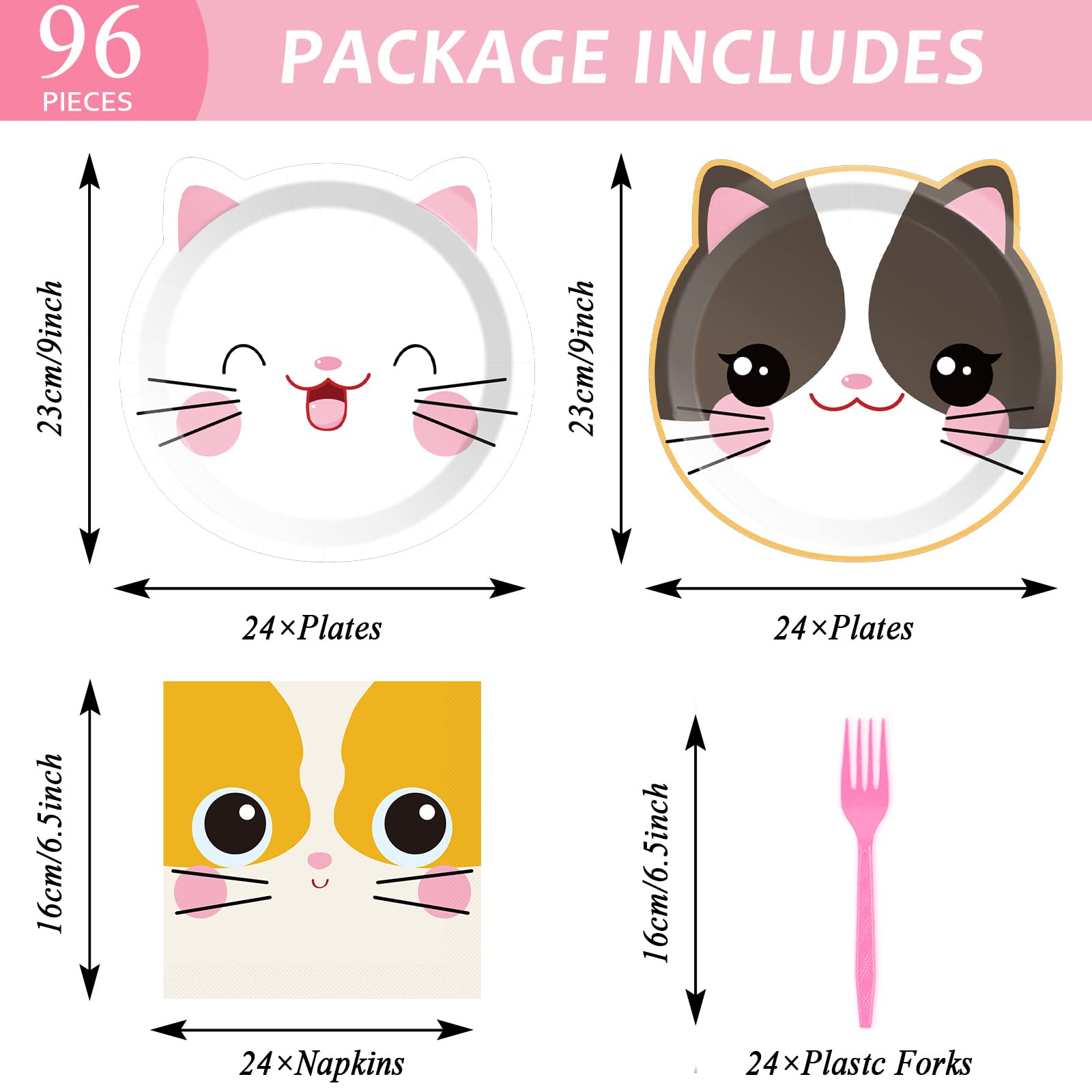 96 Pieces Cat Party Supplies Cute Kitten Theme Party Tableware Set Party Decorations Kitty Disposable Dinnerware Plates Napkins Forks for Cat Theme Birthday Baby Shower Party Favors 24 Guests