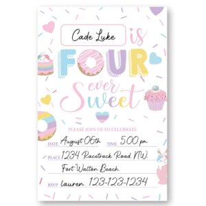 LoaHak Four Ever Sweet Birthday Invitation, Donut Invitation, Donut party favors for kids, birthday party invitations. (011)