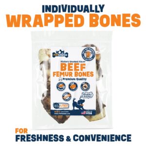 PUPDAWGS Single Ingredient Dog Bones - Made in USA - Beef Femur Bones - Natural Dog Bones for Aggressive Chewers - from USDA Inspected Beef - Hickory Smoked - Individually Wrapped (4 Piece Pack)