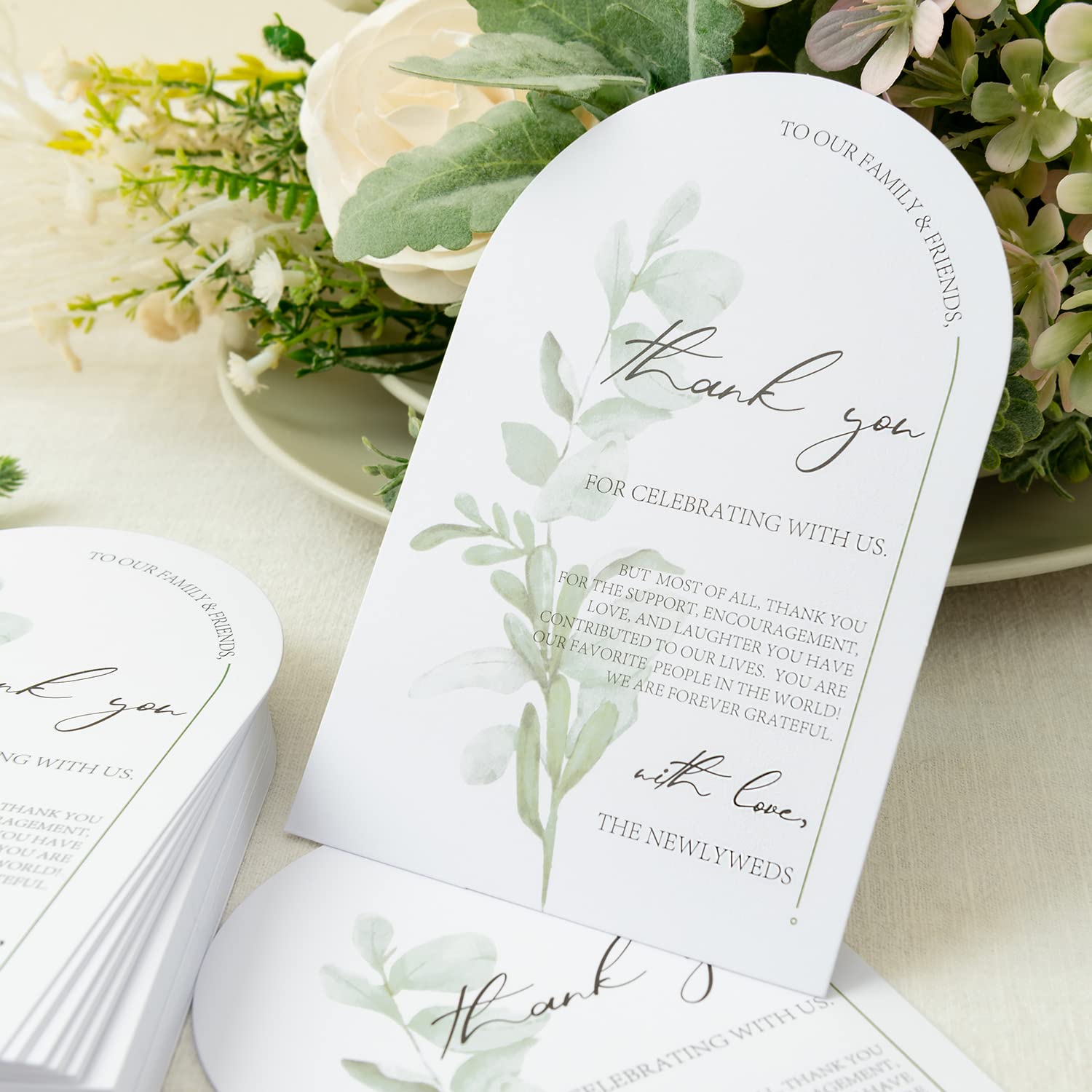 Crisky Arch Design Greenery Wedding Thank You Place Setting Cards, 100 Pcs, Chic and Elegant Wedding Table Centerpieces and Wedding Decorations, Wedding Supply, 4 x 6 inch