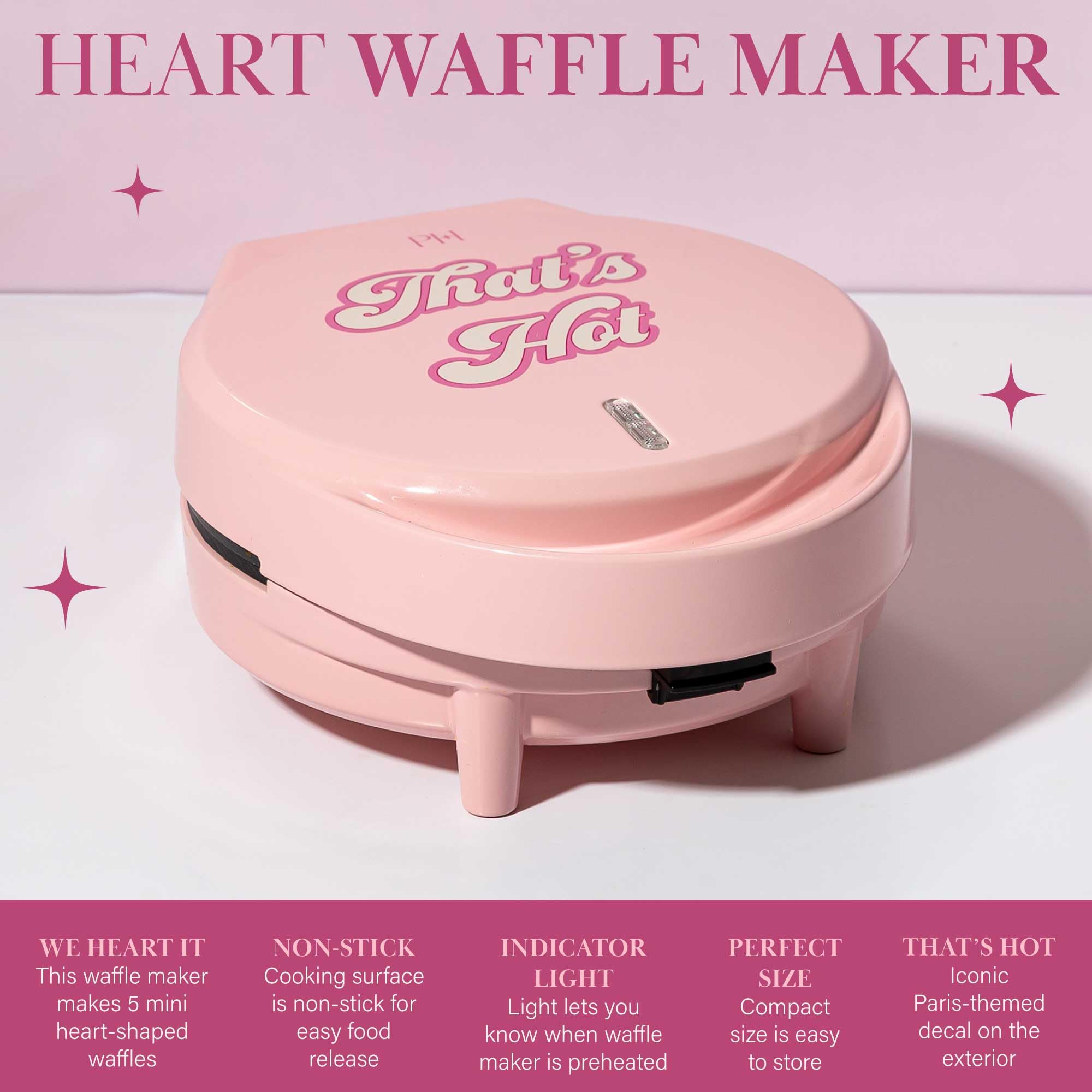 Paris Hilton Heart Waffle Maker, Makes 5 Mini Heart Shaped Waffles or 1 Individual Waffle, Easy to Clean 6" Nonstick Plates, Made without PFAS or PFOA, Electric Waffle Iron, Pink