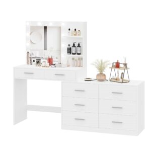 Rovaurx 65" Vanity Desk with Lighted Mirror and Lights, 8 Drawers Makeup Vanity Table with Storage Shelf, Modern Dresser with Mirror, Dressing Table for Bedroom, Adjustable Width, White RSZT109W