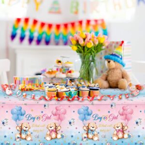 Capoda 3 Pcs Bear Baby Shower Tablecloths Bear Gender Reveal Table Covers Rectangle Plastic Bear Table Cloths for Bear Baby Shower Gender Reveal Party Decorations, 54 x 108 Inch, Blue Pink