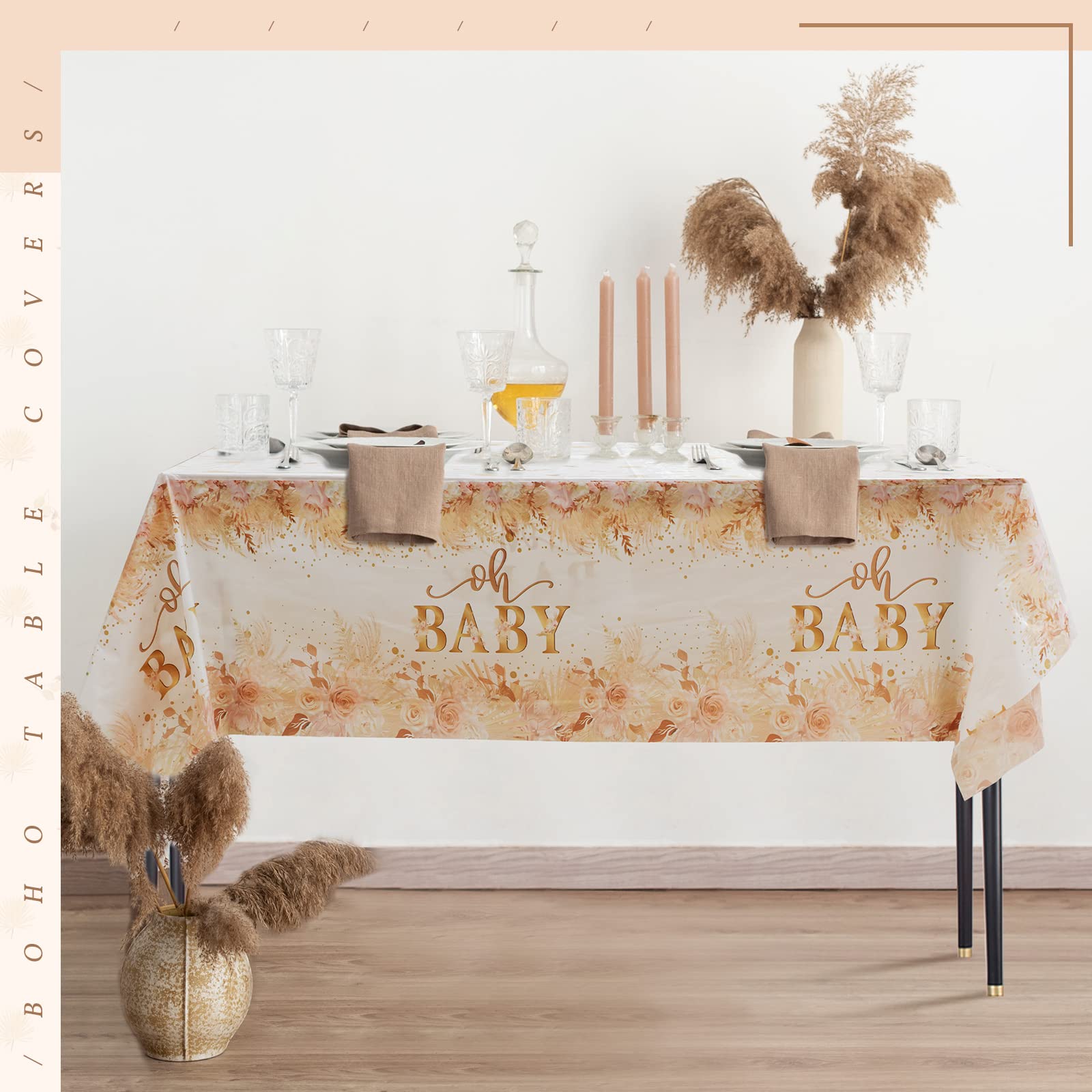 Mixweer 3 Pcs Boho Baby Shower Tablecloth 54 x 108 in Floral Table Cloths Rectangular Waterproof Table Cover for Birthday Party