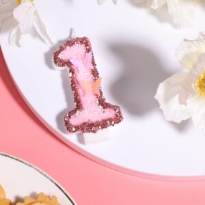 2.95 Inch Birthday Number Candles, Glitter Pink Number Candles Cake Topper Butterfly Birthday Candles with Sequins for Anniversary Celebrations Supplies (Number 1)