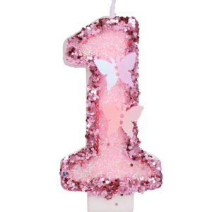 2.95 inch birthday number candles, glitter pink number candles cake topper butterfly birthday candles with sequins for anniversary celebrations supplies (number 1)