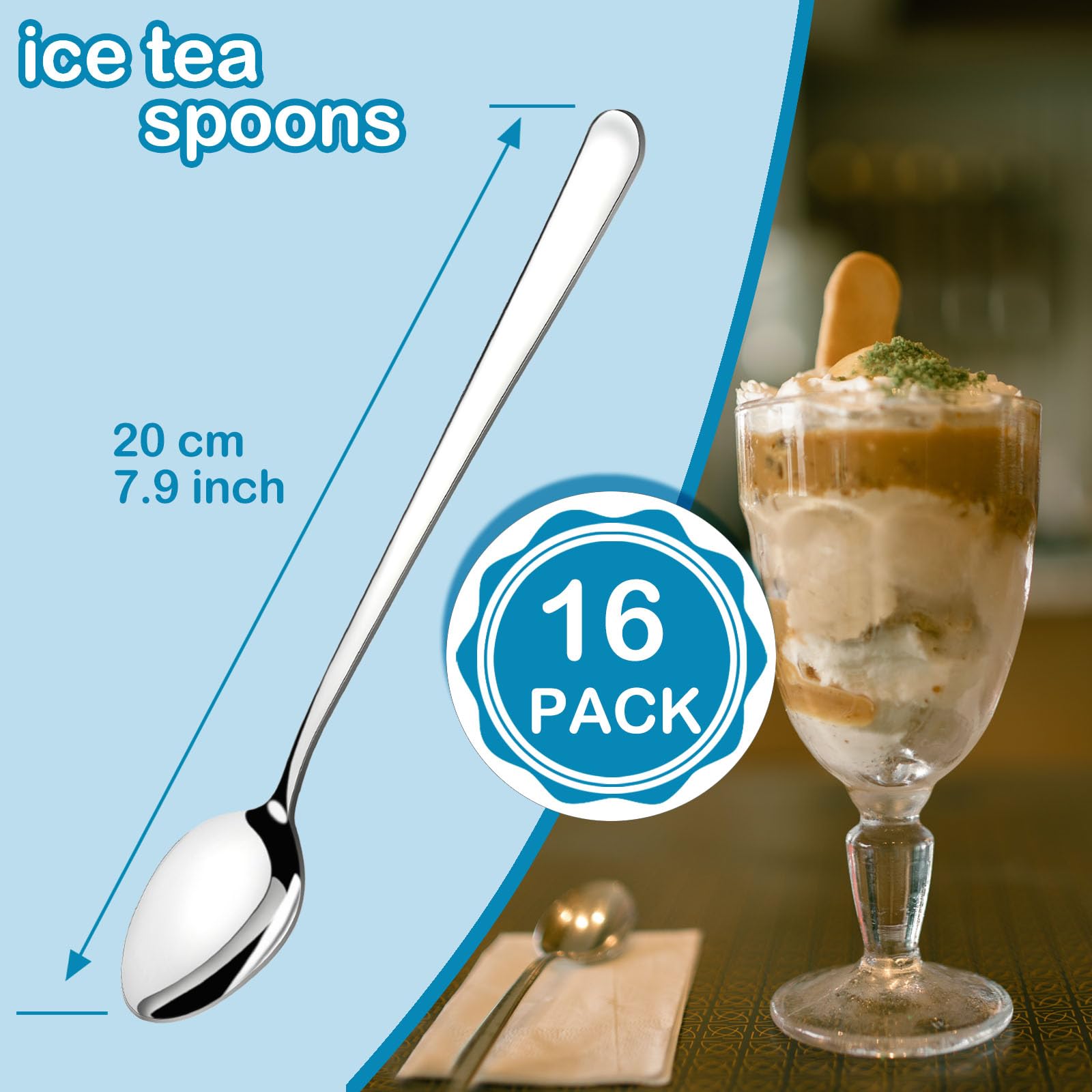 Pleafind 16-PCS Long Spoon (7.9 inch), Long Handle Iced Tea Spoons, Stainless Steel Stirring Spoon, Coffee Spoon, Ice Cream Spoon, Long Spoons for Shakes Cocktail Stirring Coffee Cold Drink