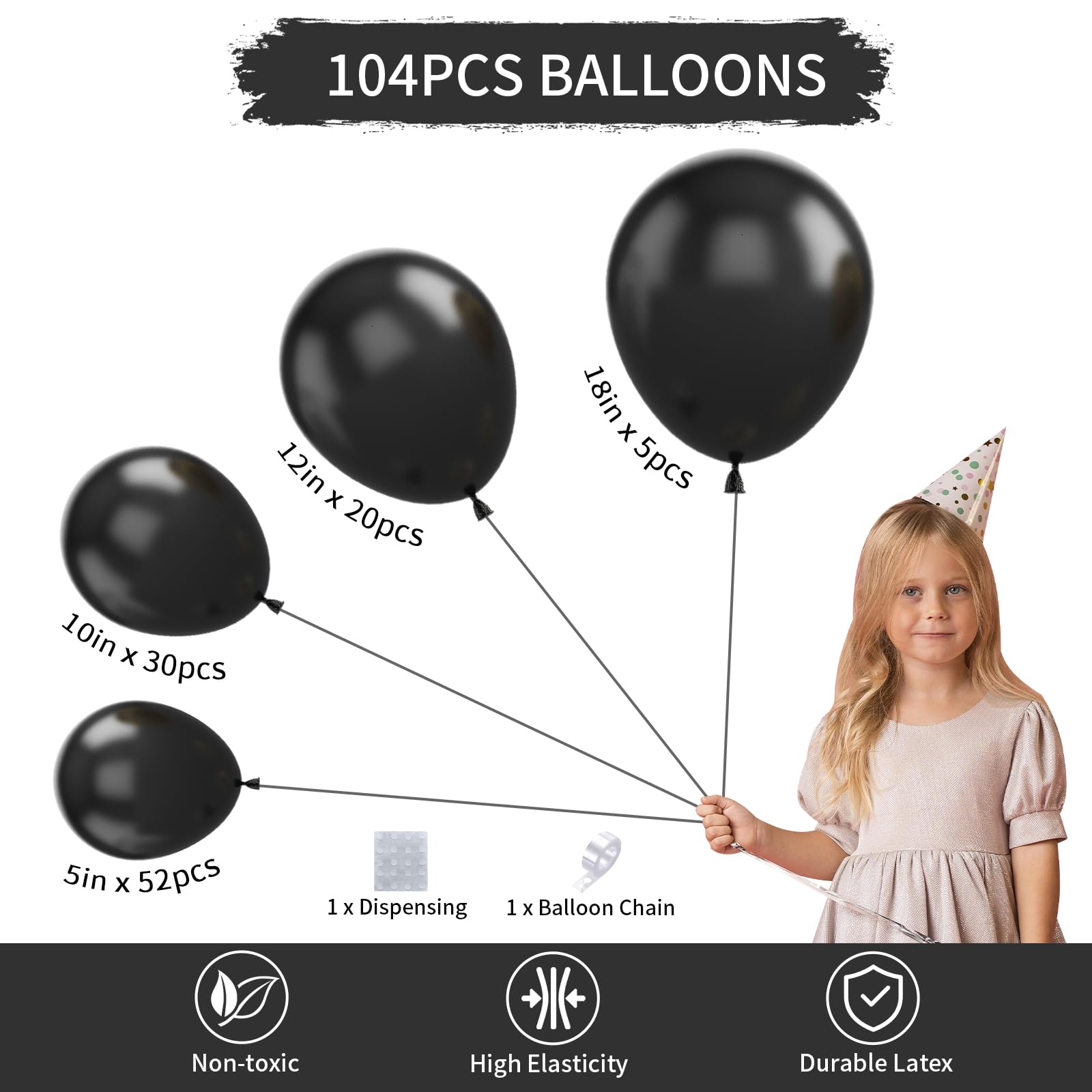 Biapian Black Balloons Set, 104PCS Black Balloon Garland Arch Kit With 18 12 10 5 Inch Black Latex Balloon Different Sizes, Matte Black Party Balloons for Birthday Graduation Wedding Party Decorations