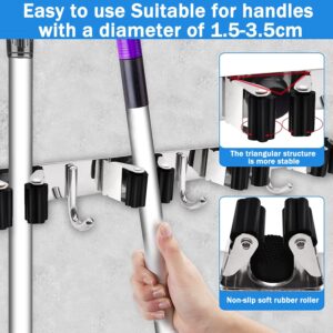 YUBYFA 2 Pack Mop Broom Holder Wall Mount self adhesive, Heavy Duty Stainless Steel with 4 Racks with 3 Hooks,14.7" L x 1.5" H,making Tools Organized and Within Reach(Black)