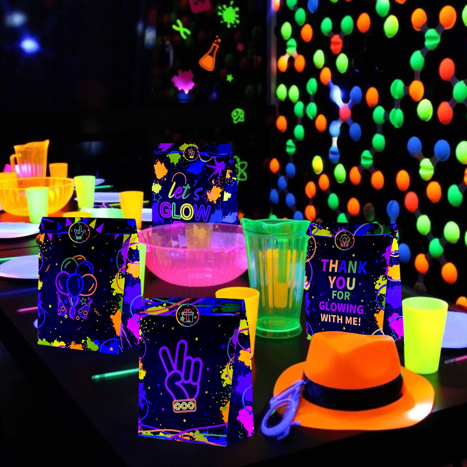 Glow Neon Party Gift Bags - 20 Pcs Goodie Bags Party Favor Bags with Stickers, Fluorescent Colored Paper Bags Treat Bags for Birthday Party Family Union, Glow in The Dark Party Supplies