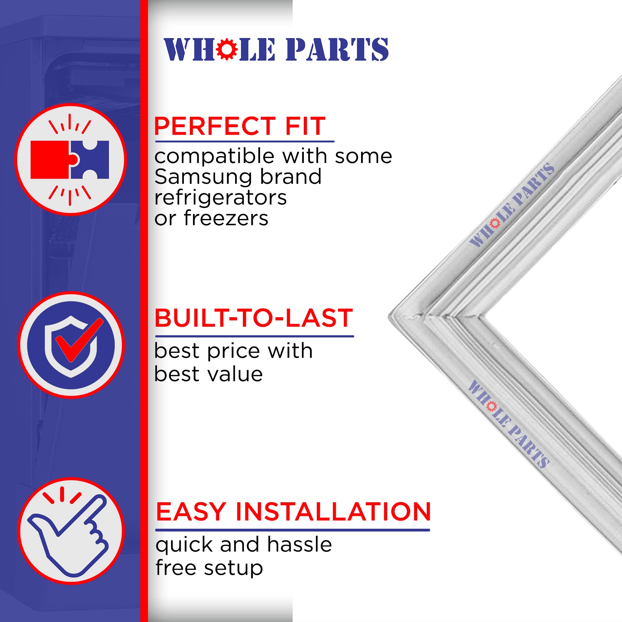 Whole Parts Refrigerator French Door Seal Gasket Assembly, Gray Color, Single Piece, Part# DA97-12522J - Replacement & Compatible with Some Samsung Refrigerators