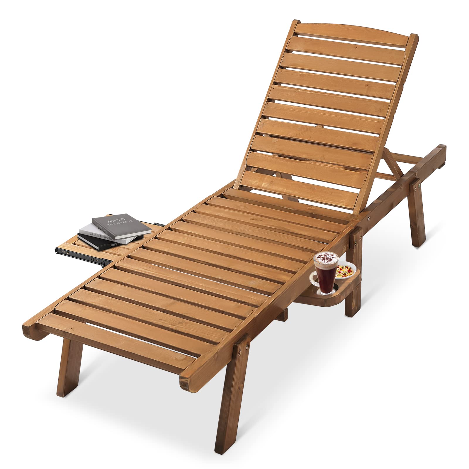 FURNDOOR Wood Chaise Lounge Chair Recliner - Adjustable Pool Lounge Chair with 4 Positions Backrest, Pull-Out Tray for Garden Beach Patio (Natural)