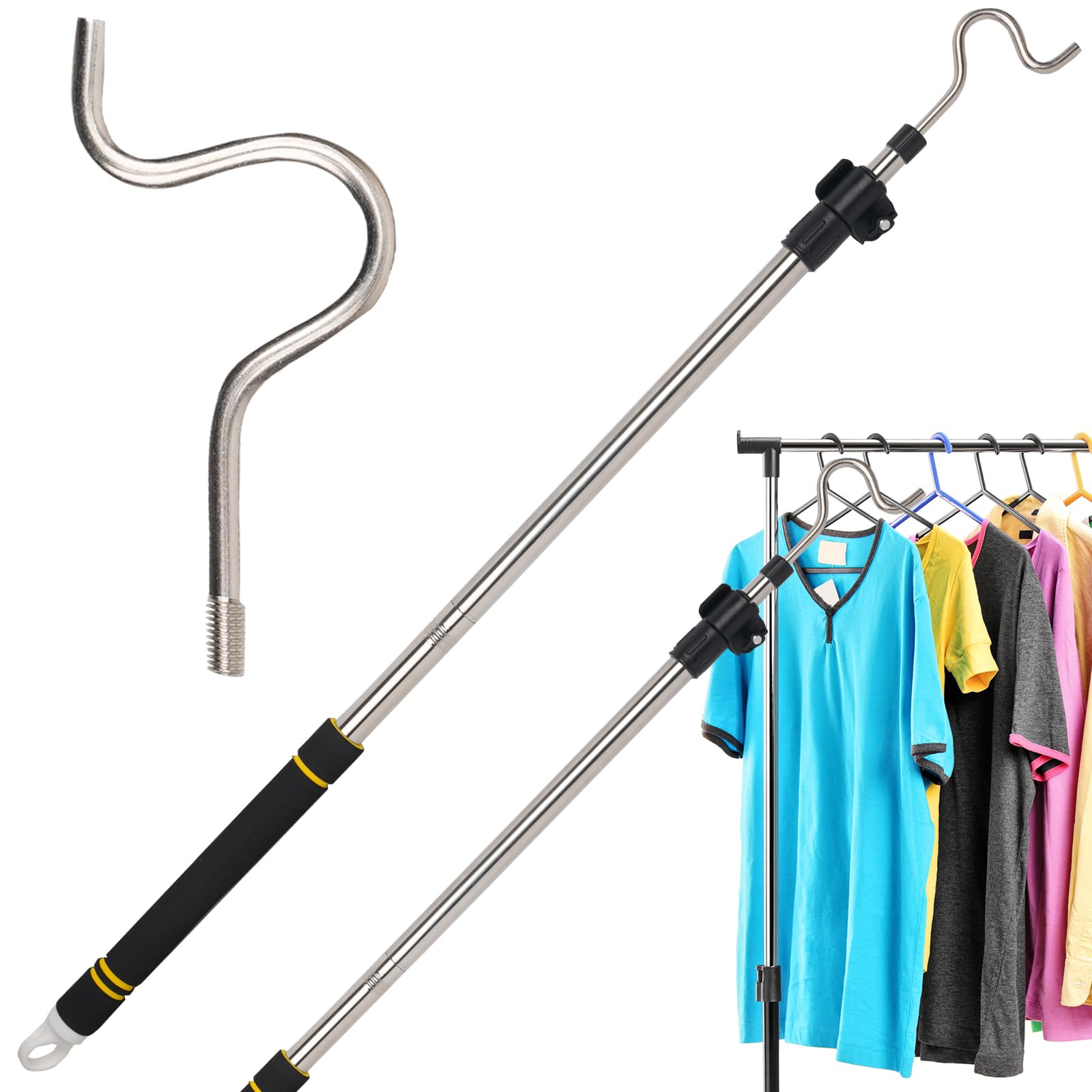 Frebuta Clothes Hook Pole, 36" to 65" Long Pole with Hook with Sponge Long Handle Telescoping Pole Stainless Steel Tube S Hook Closet for Reaching Extending Rod Lightweight Hang High Area Top