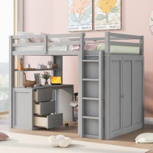 Harper & Bright Designs Full Size Loft Bed with Desk and Wardrobe, Wooden Full Loft Bed with Storage Drawers for Girls Boys Teens,No Box Spring Needed,Grey