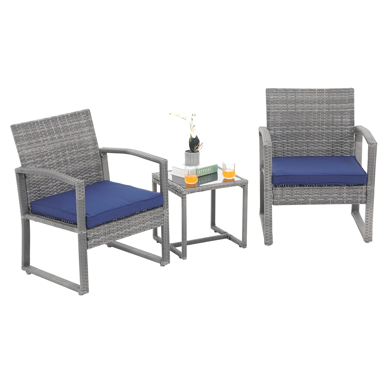 Patiorama 3 Pieces Outdoor Patio Furniture Set, Outdoor Wicker Conversation Set, Patio Rattan Chair Set, Modern Bistro Set with Coffee Table, Garden Balcony Backyard Poolside (Navy Blue)